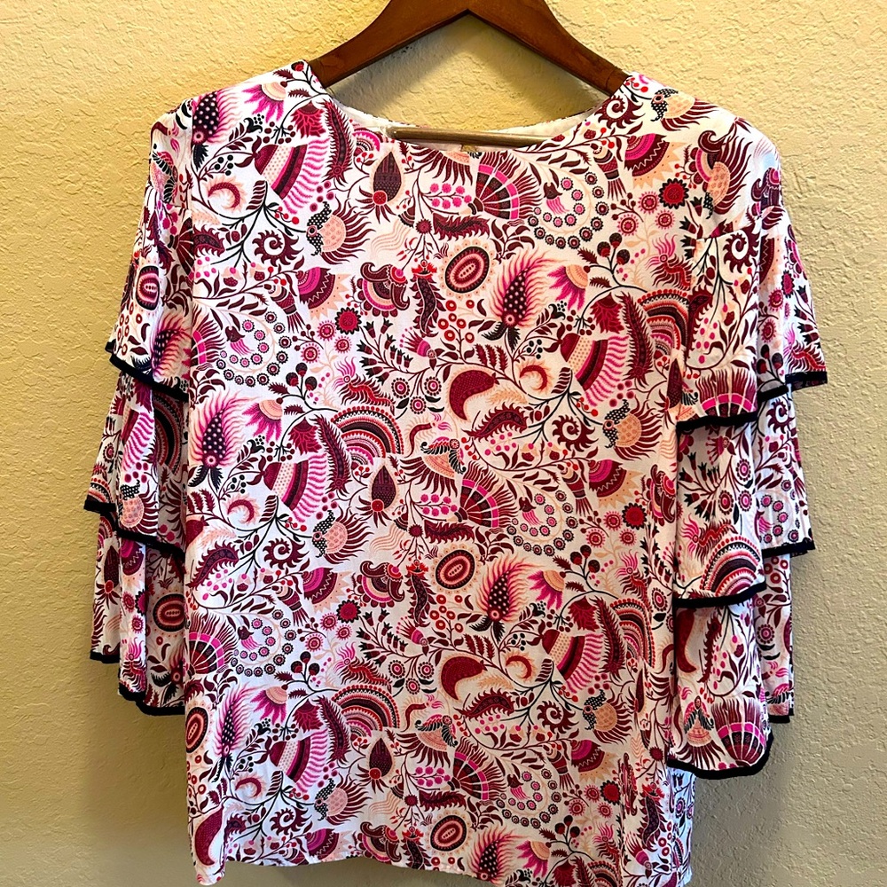 Loft Paisley Floral Ruffled Tiered Bell Sleeve Blouse
